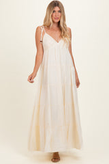 Cream Crochet Detail Tiered Shoulder Tie Maternity Maxi Dress