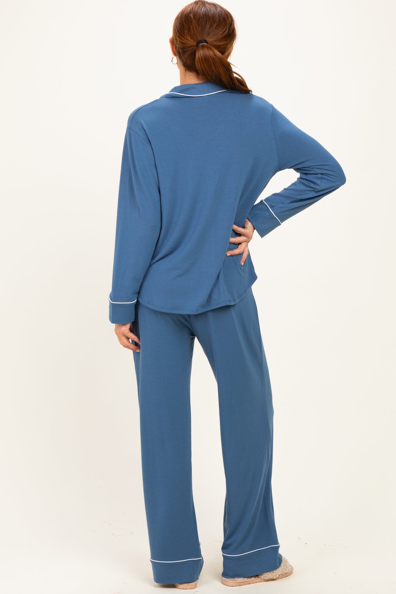 Light Navy Button Down Top Wide Leg Pant Pajama Set