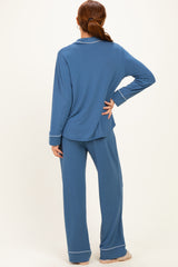 Light Navy Button Down Top Wide Leg Pant Pajama Set
