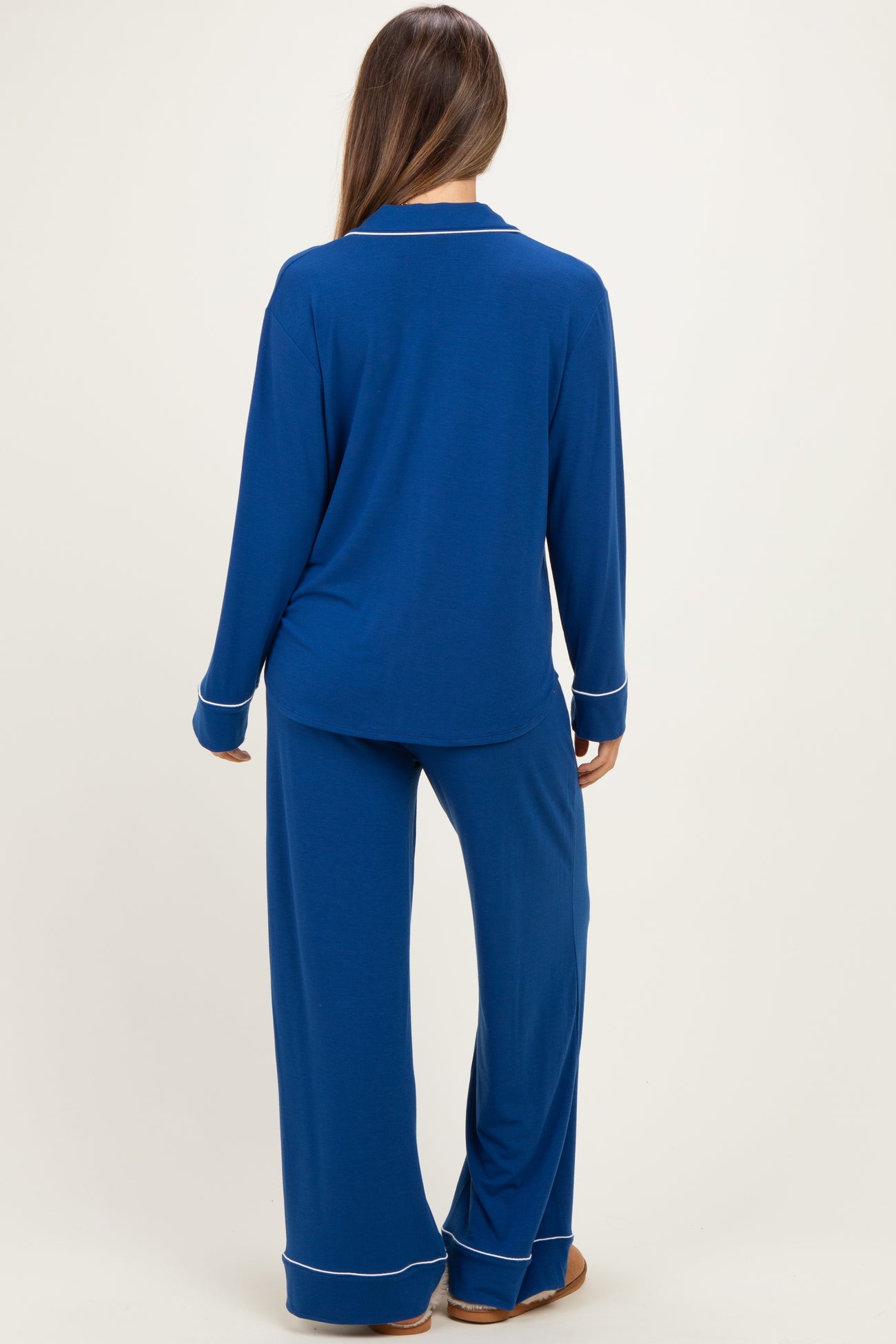 Light Navy Button Down Top Wide Leg Pant Maternity Pajama Set
