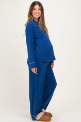 Light Navy Button Down Top Wide Leg Pant Maternity Pajama Set