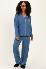 Light Navy Button Down Top Wide Leg Pant Pajama Set