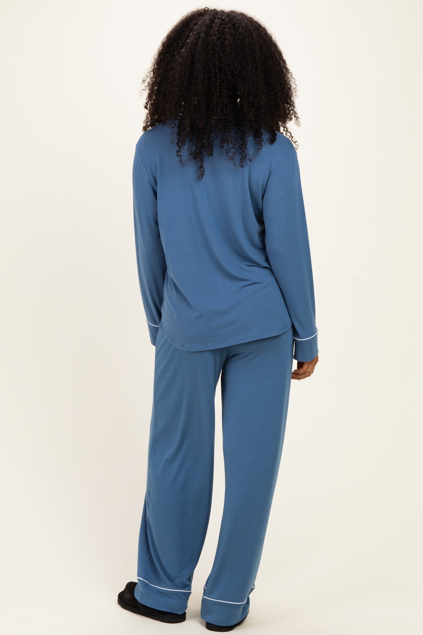 Light Navy Button Down Top Wide Leg Pant Pajama Set