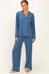 Light Navy Button Down Top Wide Leg Pant Pajama Set