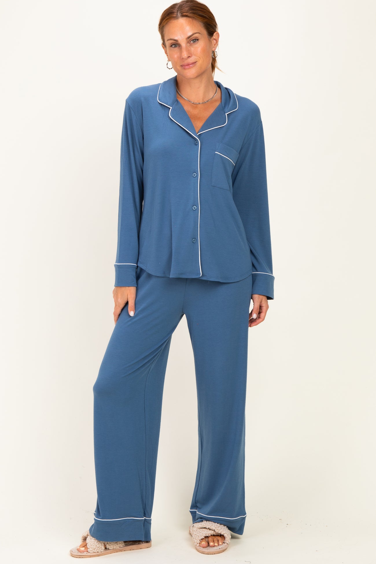 Light Navy Button Down Top Wide Leg Pant Maternity Pajama Set