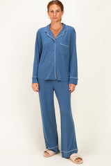 Light Navy Button Down Top Wide Leg Pant Pajama Set
