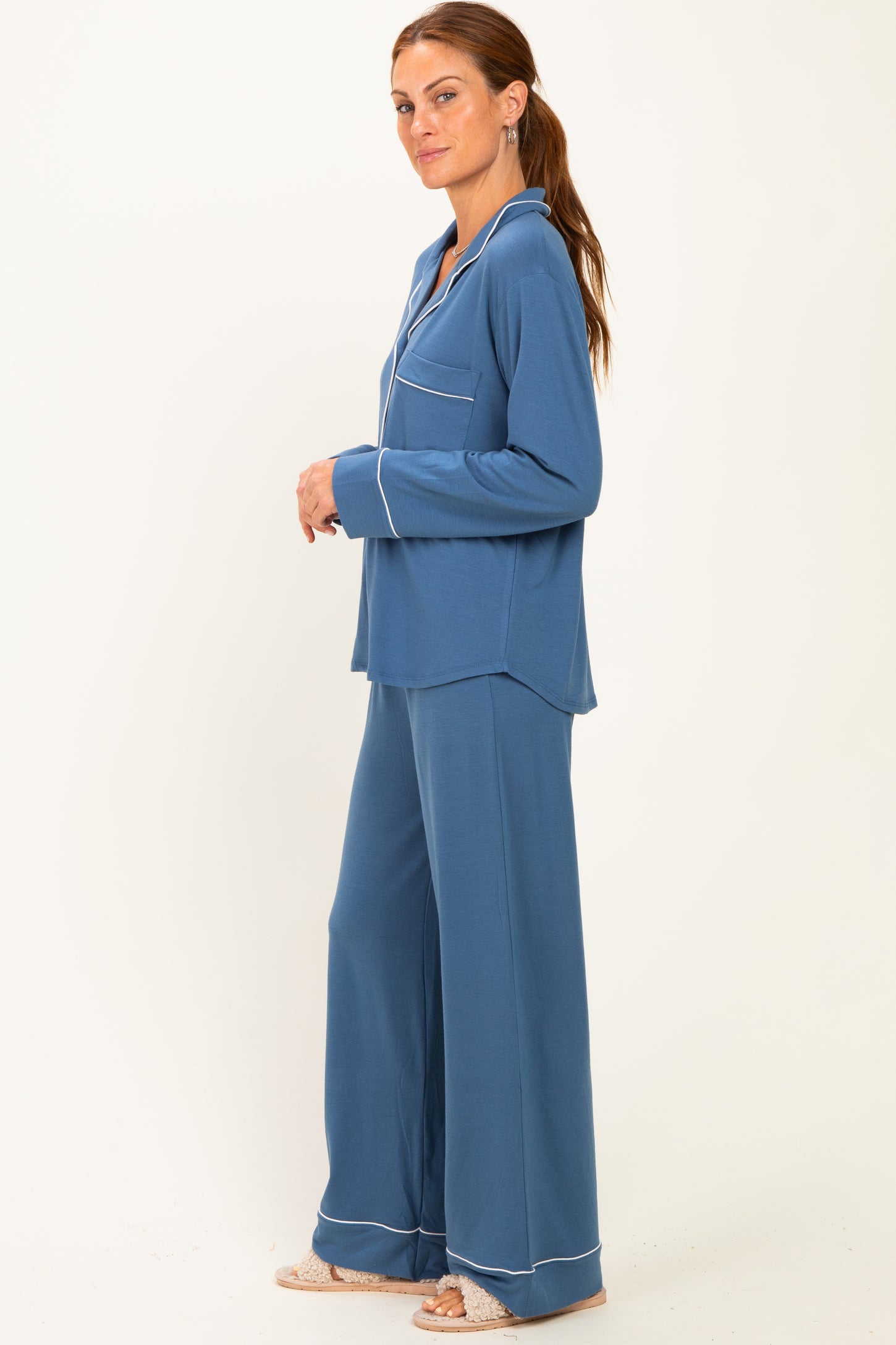 Light Navy Button Down Top Wide Leg Pant Pajama Set