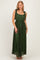 woman wearing a dark green maxi dress with lace details and tie shoulder straps