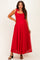 woman wearing a red lace maternity maxi dress with a square neckline and adjustable straps, showing her baby bump