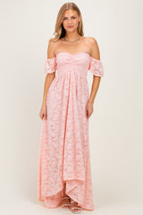 Light Pink Lace Off Shoulder Maternity Maxi Dress