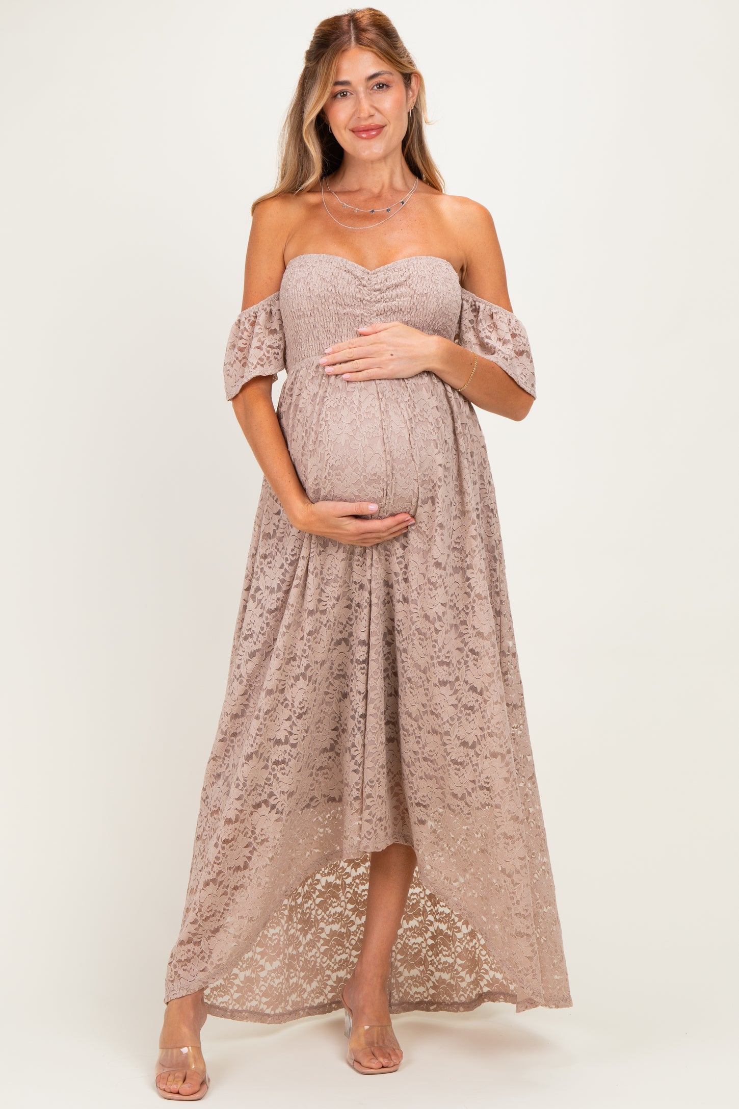 Mocha Lace Off Shoulder Maternity Maxi Dress