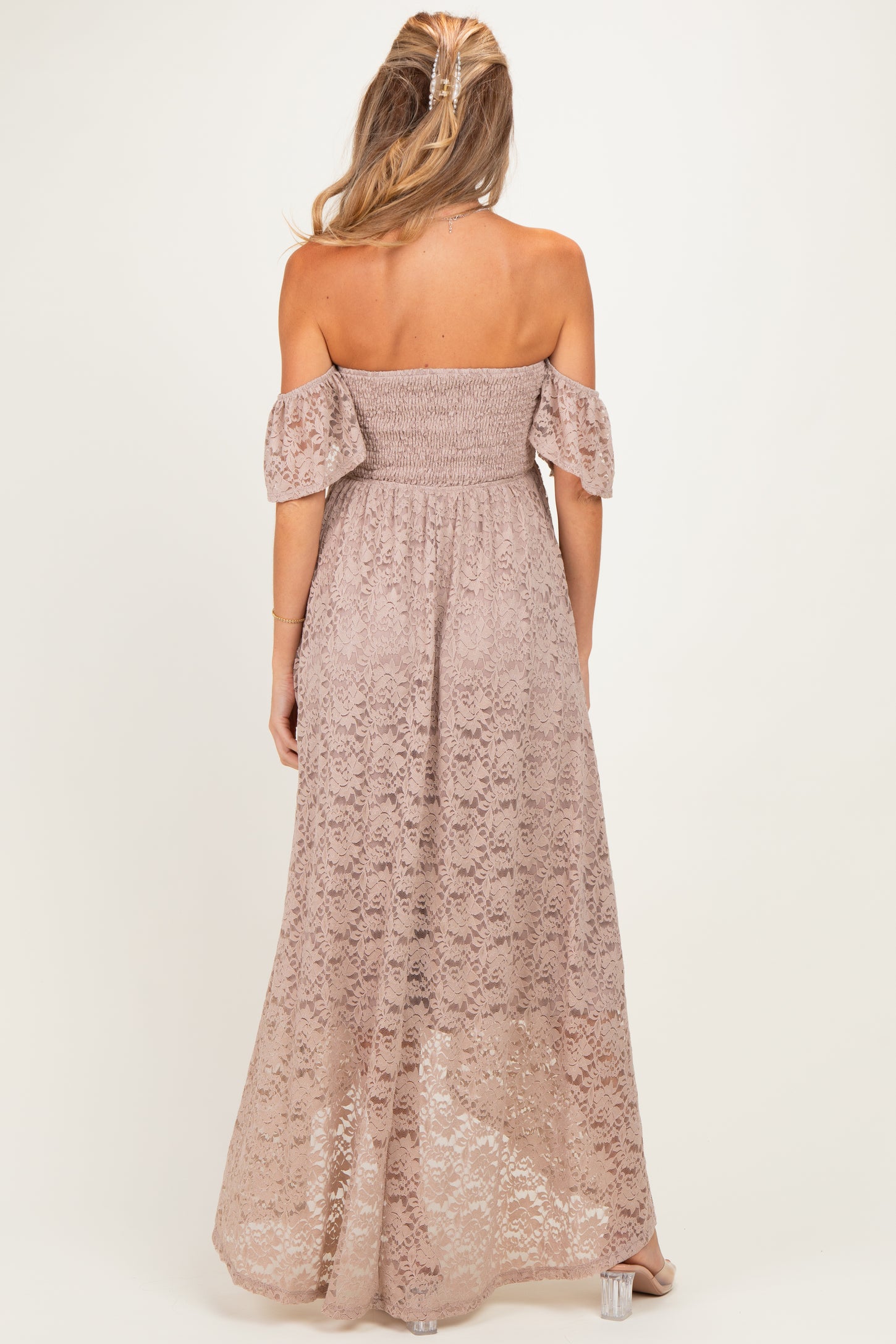 Mocha Lace Off Shoulder Maternity Maxi Dress
