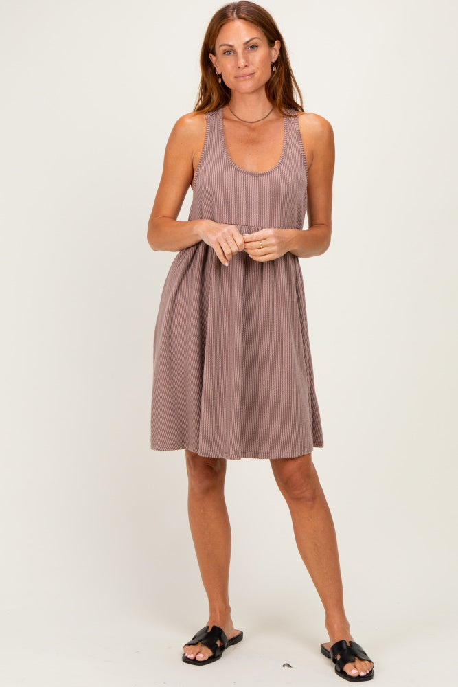 Mocha Ribbed Sleeveless Open Back Maternity Midi Dress