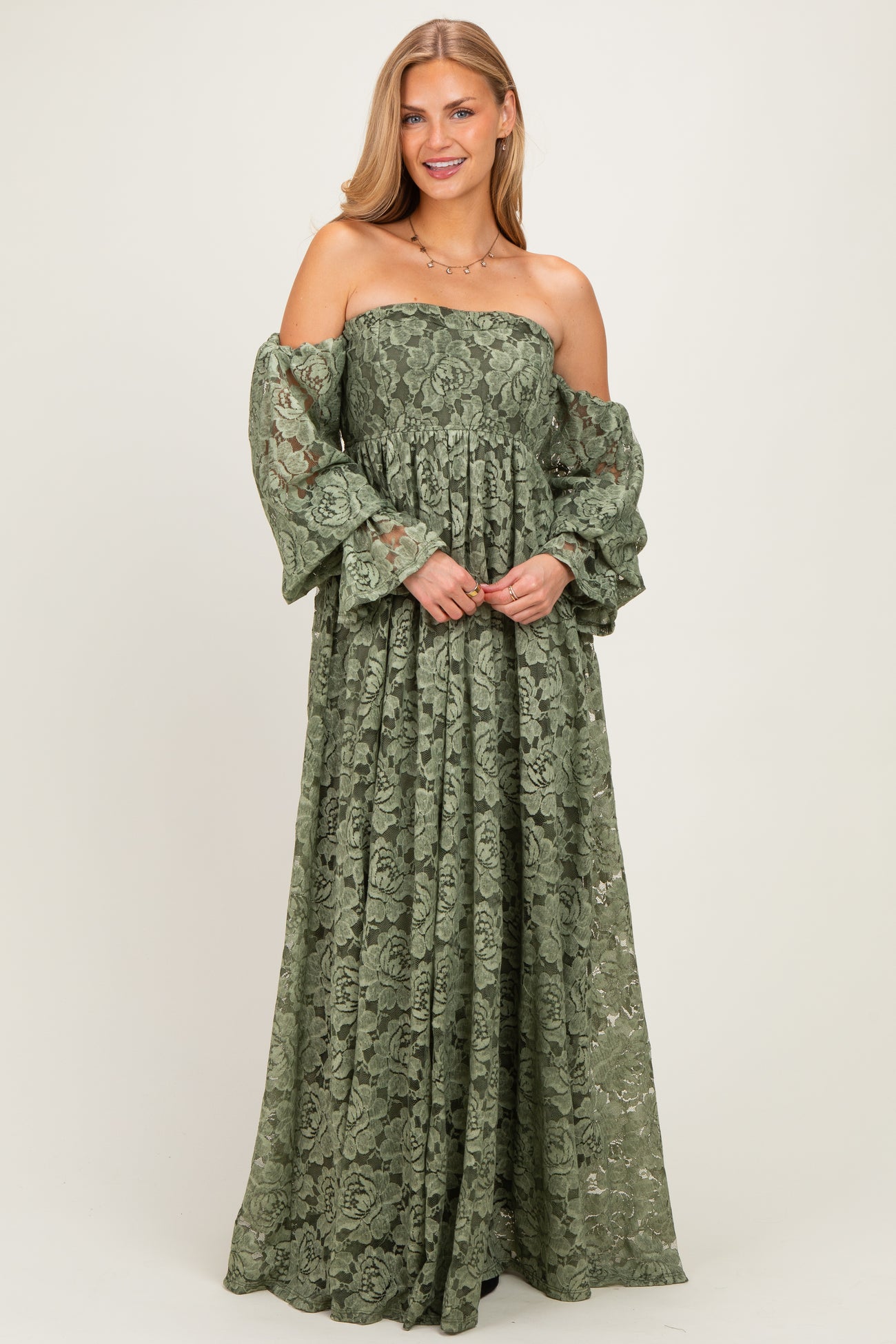Olive Lace Off Shoulder Long Sleeve Maternity Maxi Dress