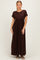 woman wearing a brown short sleeve maxi dress with a gathered waist and relaxed fit