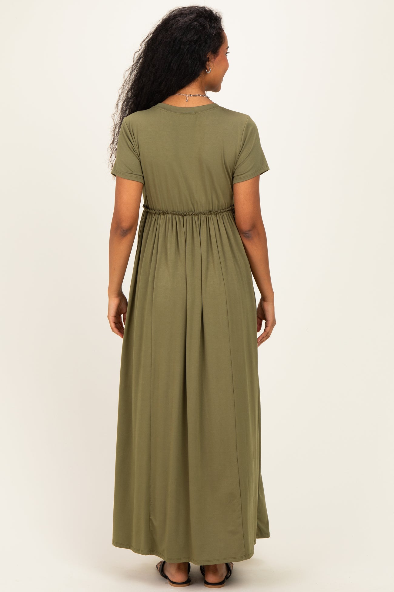 Olive Ruffle Trim Maternity Maxi Dress