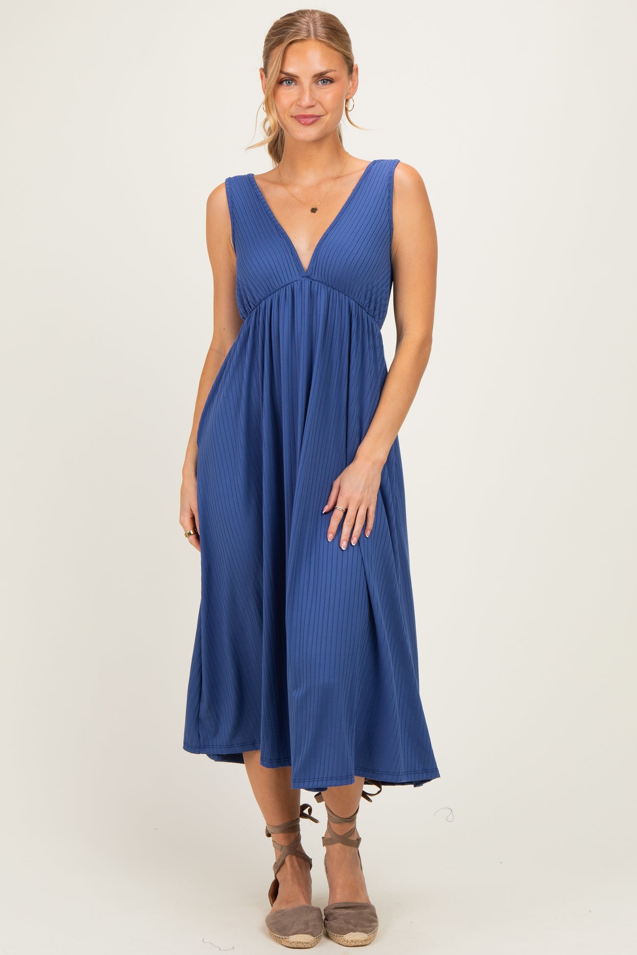 Blue Sleeveless Ribbed Knit A-Line Maternity Midi Dress