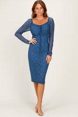 Blue Lace Long Sleeve Maternity Midi Dress