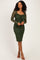 woman wearing a dark green lace midi dress with long sleeves and a square neckline, styled with strappy sandals