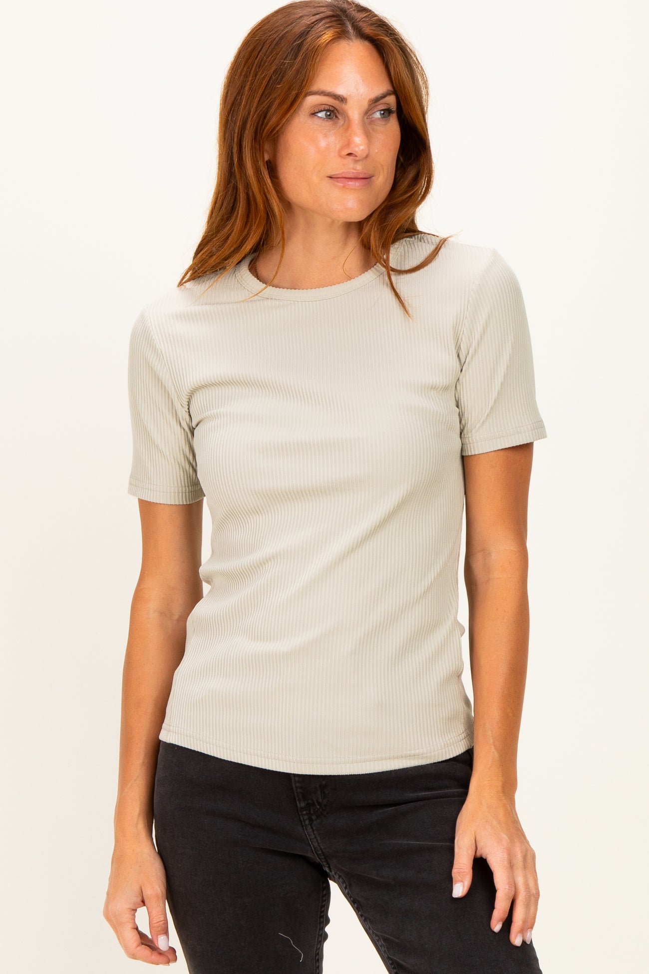 Sage Brushed Ribbed Knit Maternity Crewneck Tee