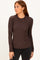 woman wearing a dark brown long sleeve ribbed top with a fitted silhouette and round neckline
