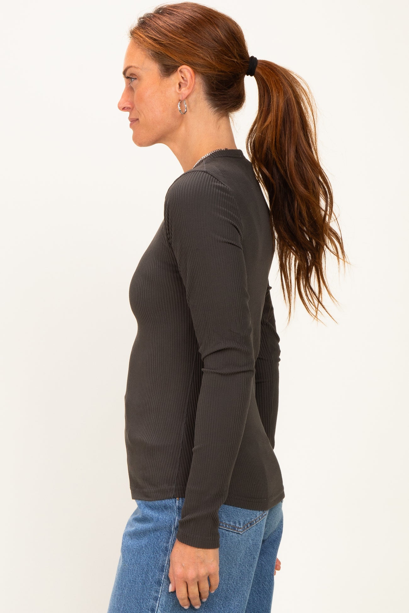 Charcoal Smoke Brushed Rib Knit Long Sleeve Top