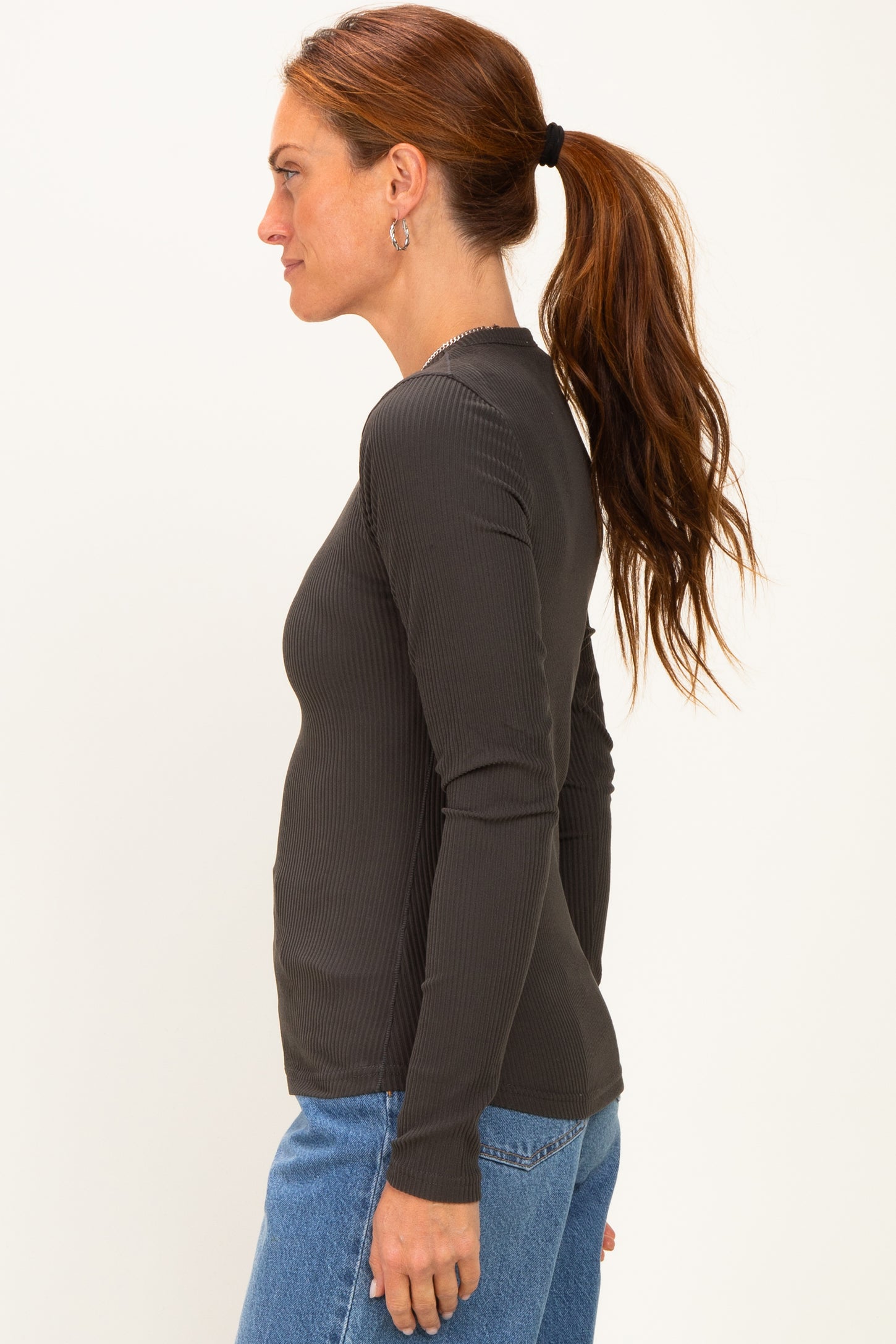Charcoal Smoke Brushed Rib Knit Long Sleeve Top