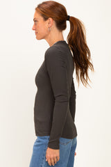 Charcoal Smoke Brushed Rib Knit Long Sleeve Top