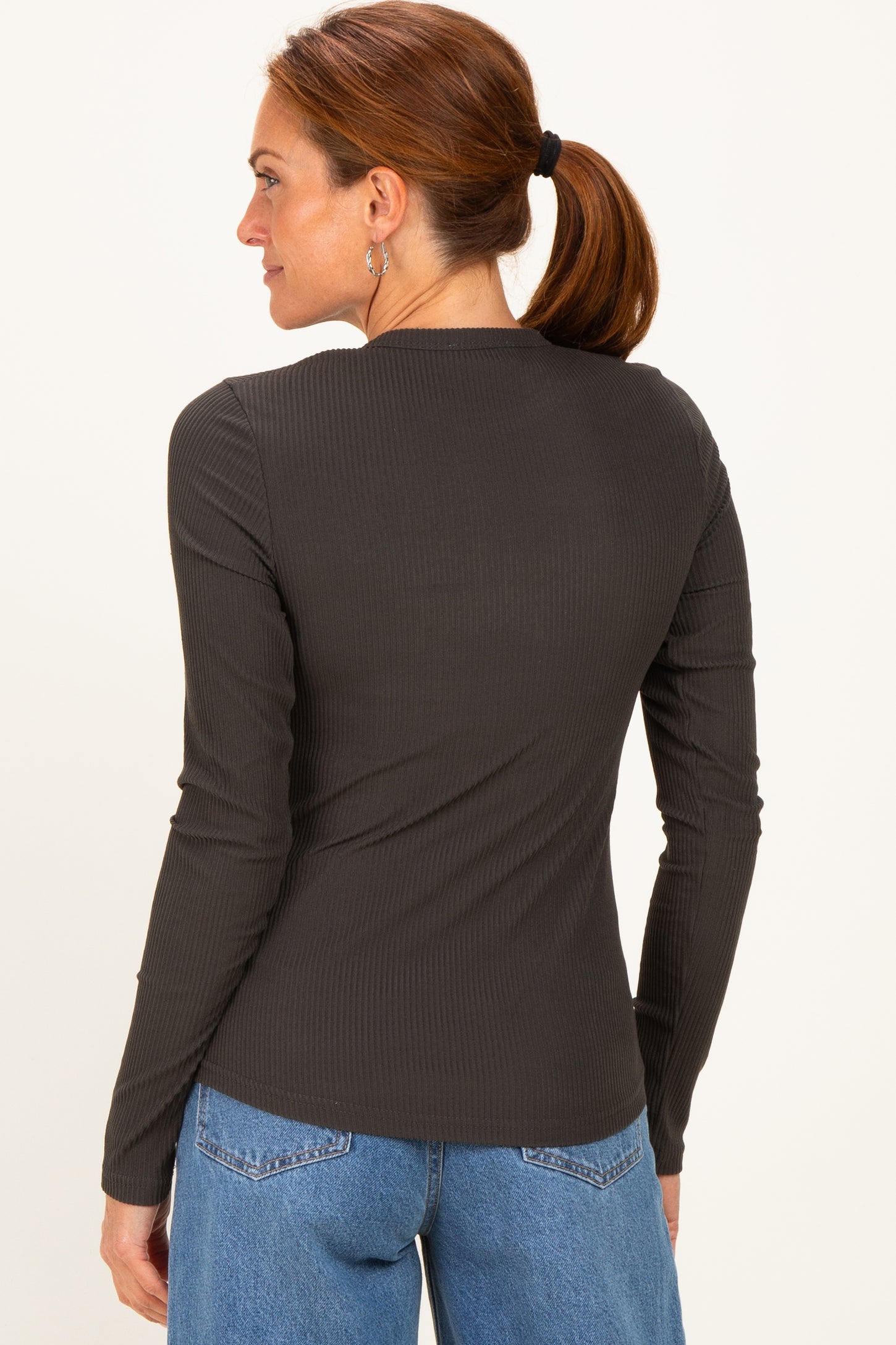 Charcoal Smoke Brushed Rib Knit Long Sleeve Top