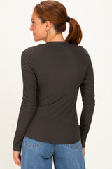 Charcoal Smoke Brushed Rib Knit Long Sleeve Top