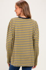 woman wearing a mustard yellow and navy striped maternity top with long sleeves and a relaxed fit, showing her back