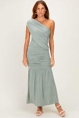 Sage One Shoulder Ruched Maternity Maxi Dress