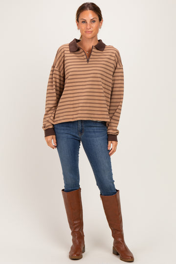 Khaki Striped Long Sleeve Polo Shirt