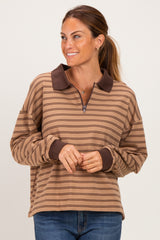 Khaki Striped Long Sleeve Polo Shirt