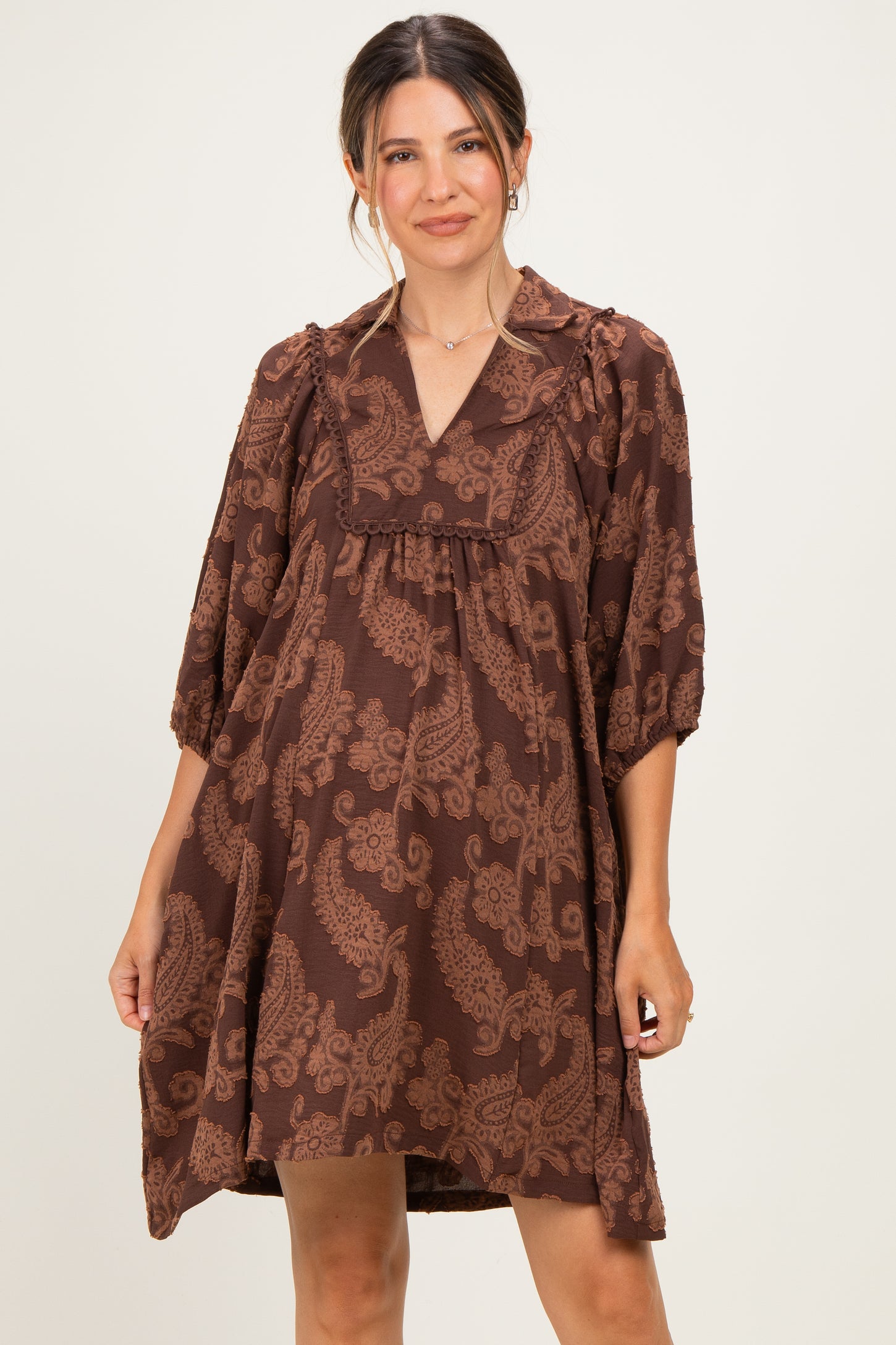 Brown Paisley Puff Sleeve Maternity Dress