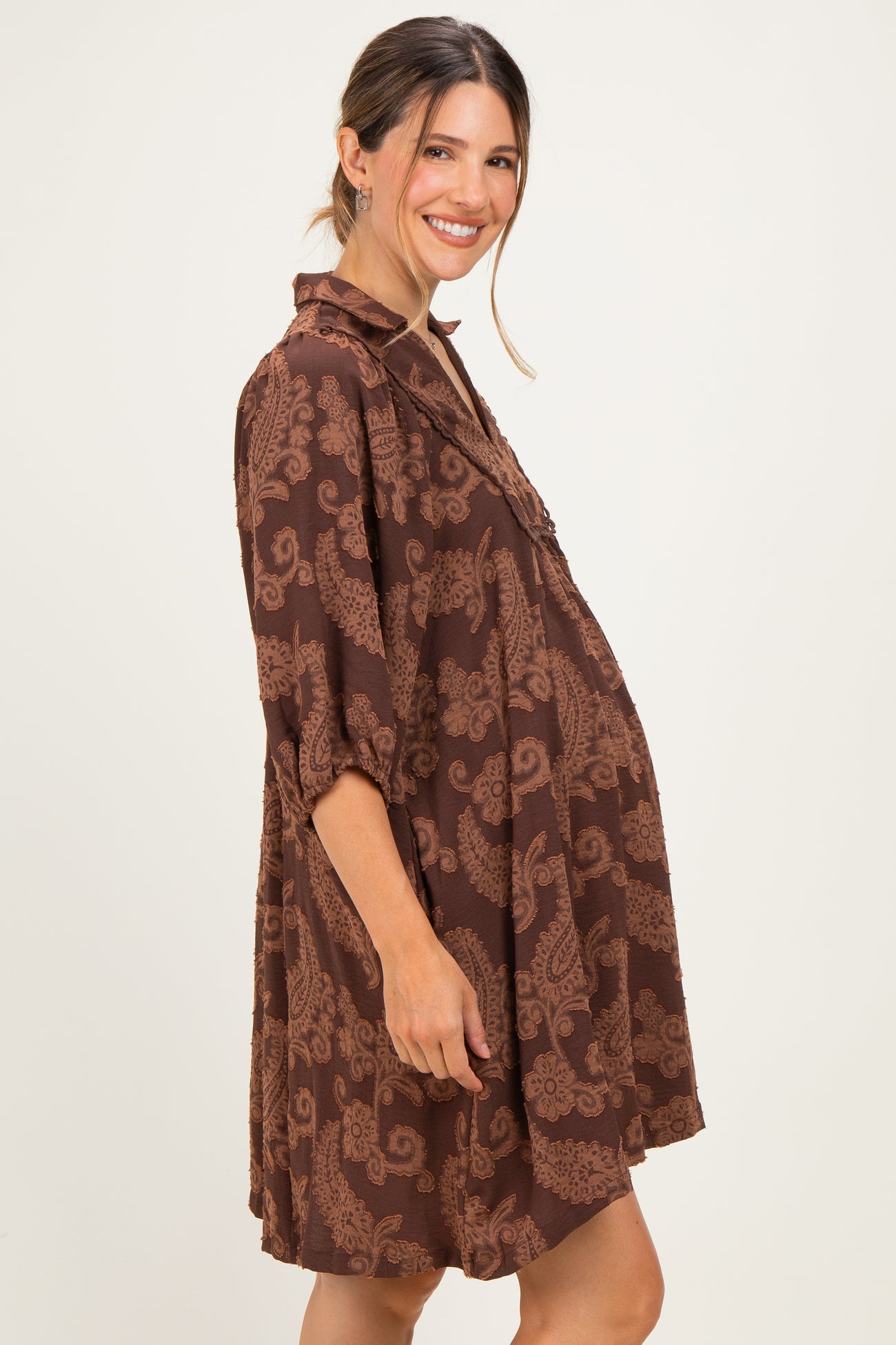 Brown Paisley Puff Sleeve Maternity Dress