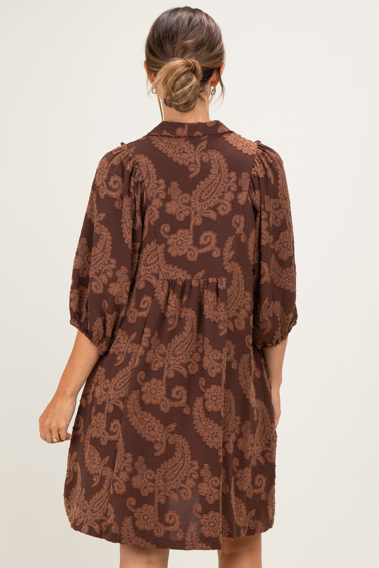 Brown Paisley Puff Sleeve Maternity Dress