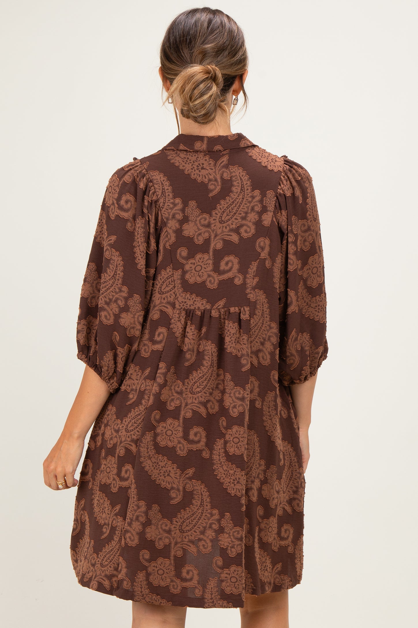 Brown Paisley Puff Sleeve Maternity Dress