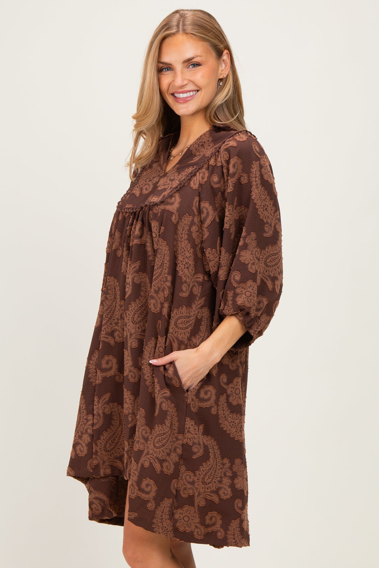 Brown Paisley Puff Sleeve Dress