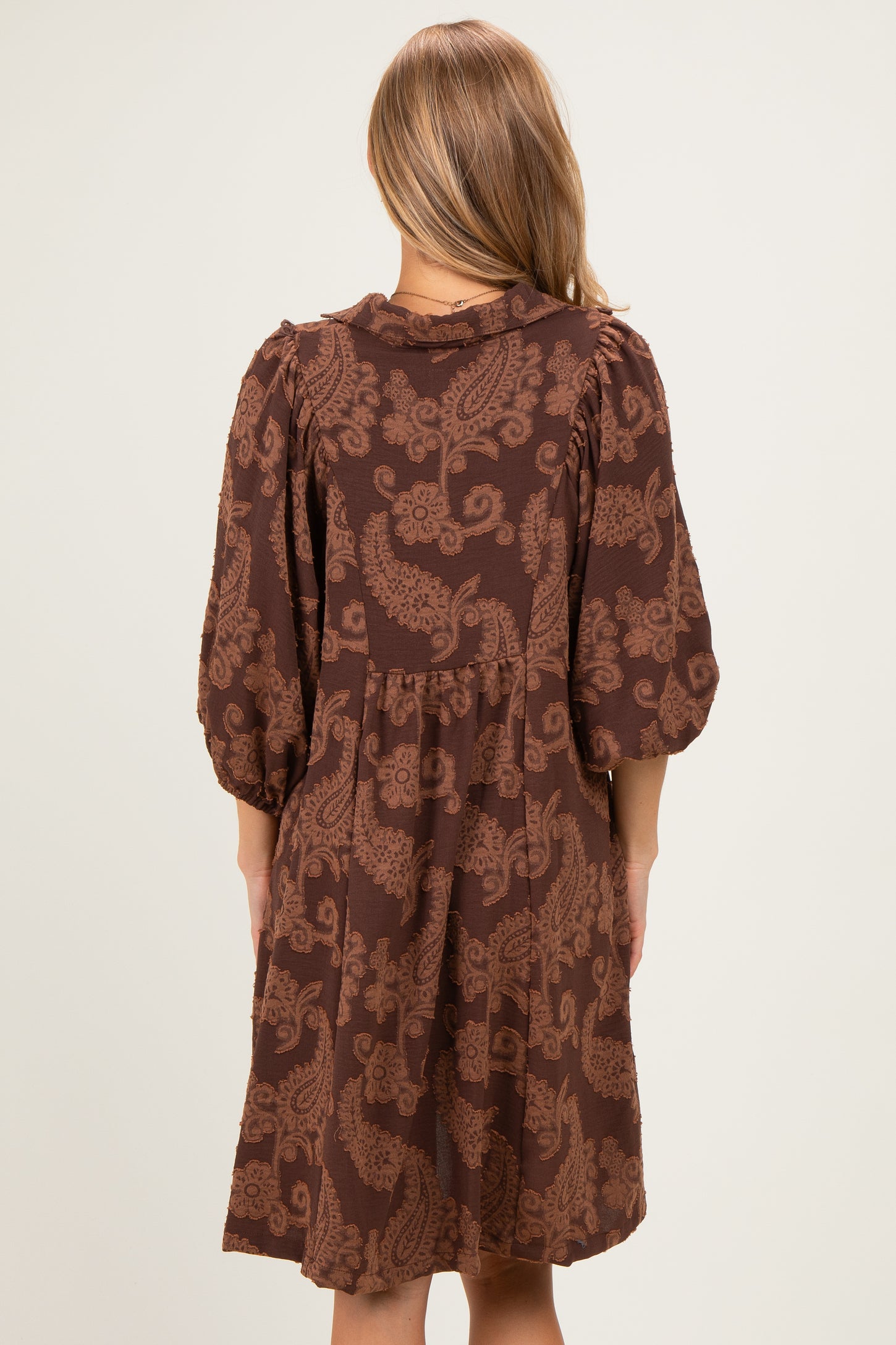 Brown Paisley Puff Sleeve Dress