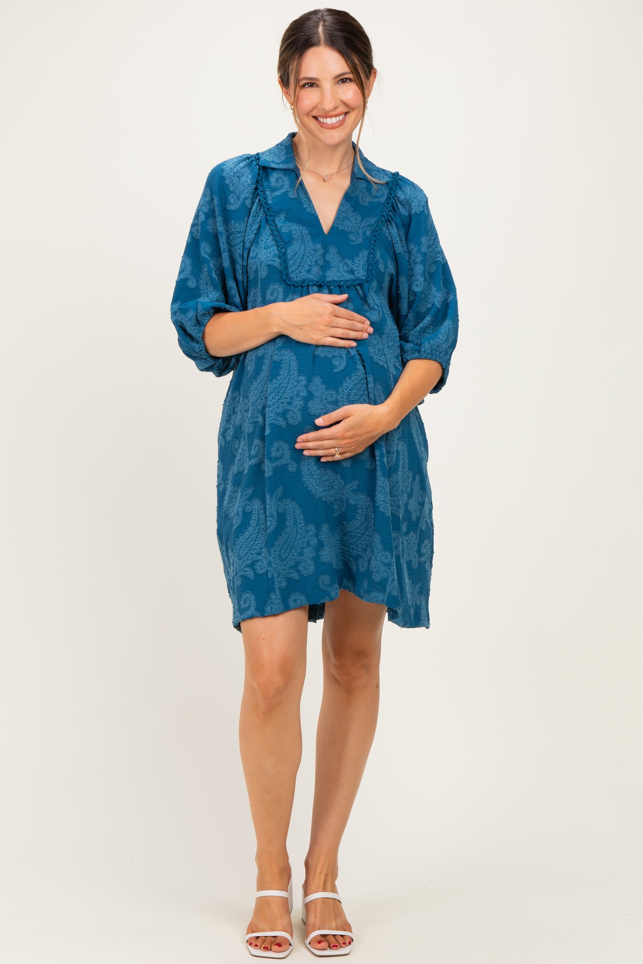 Blue Paisley Puff Sleeve Maternity Dress
