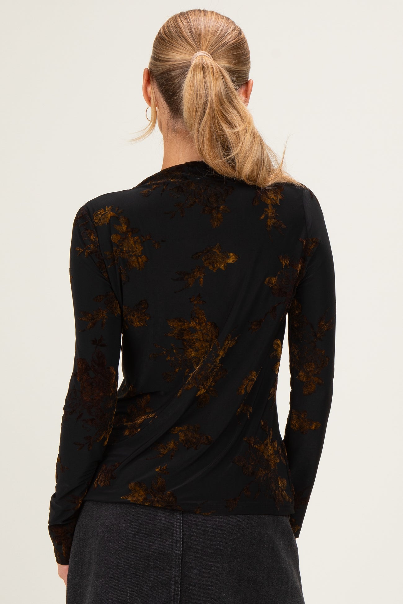 Black Velvet Floral Mock Neck Top
