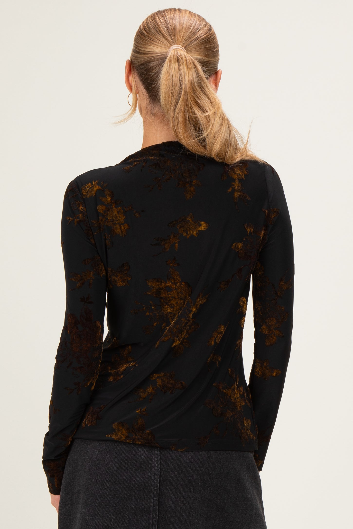 Black Velvet Floral Mock Neck Top