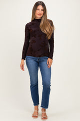 Burgundy Velvet Floral Mock Neck Maternity Top