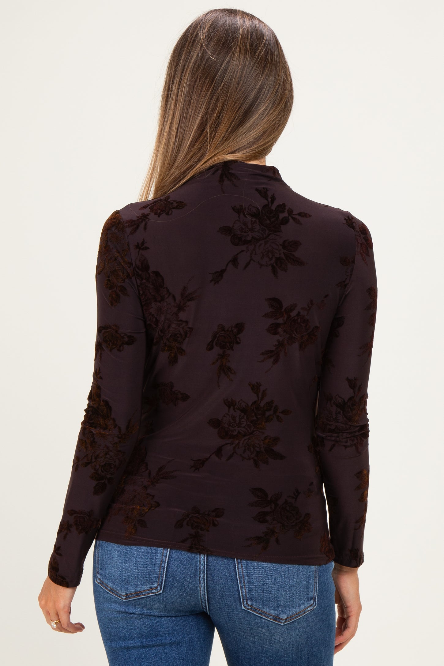 Burgundy Velvet Floral Mock Neck Maternity Top