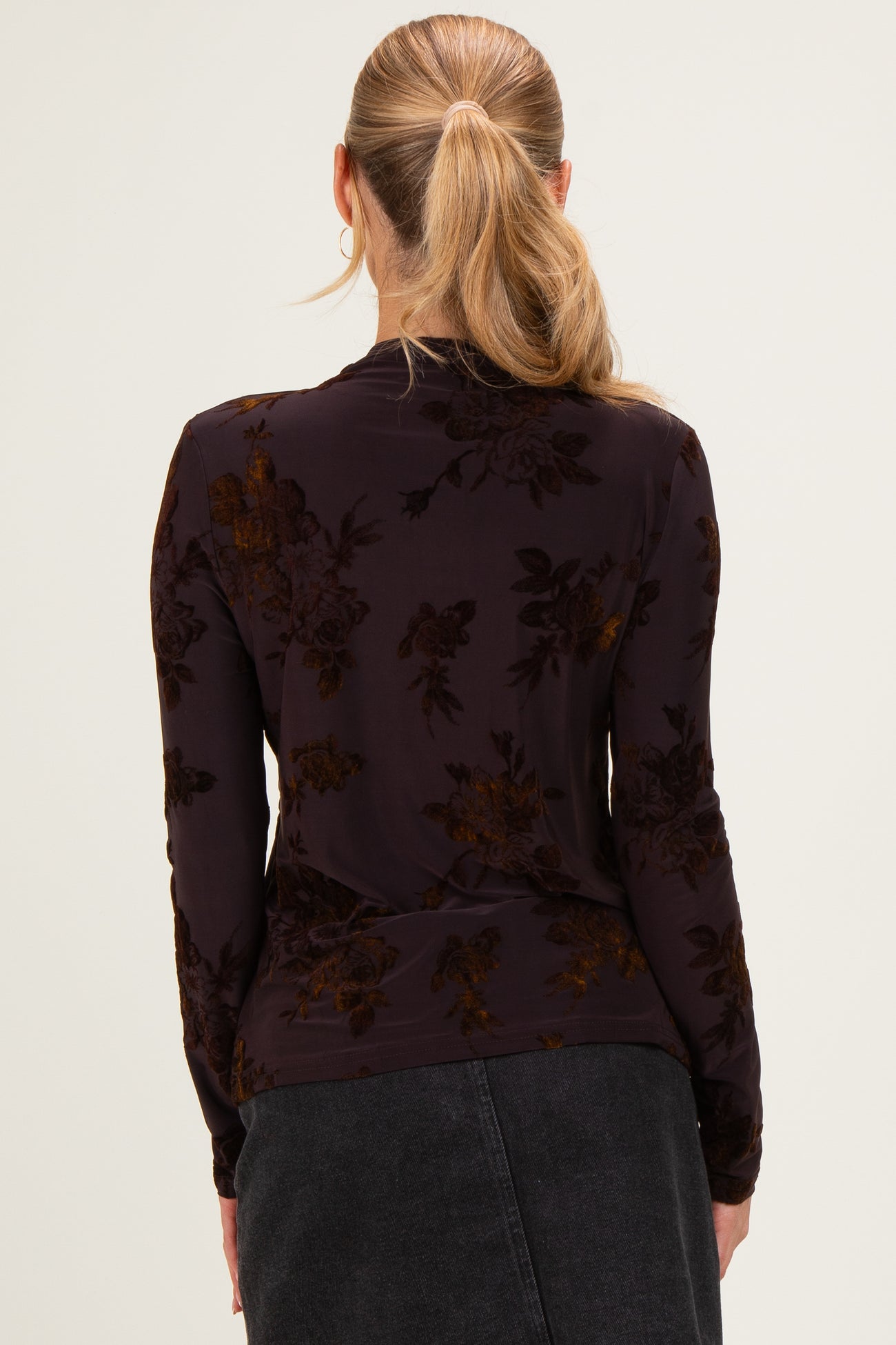 Burgundy Velvet Floral Mock Neck Top