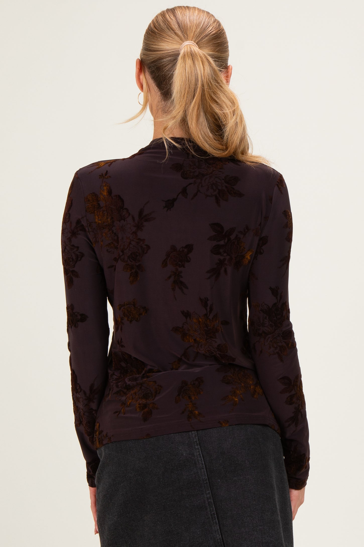 Burgundy Velvet Floral Mock Neck Top
