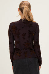 Burgundy Velvet Floral Mock Neck Top