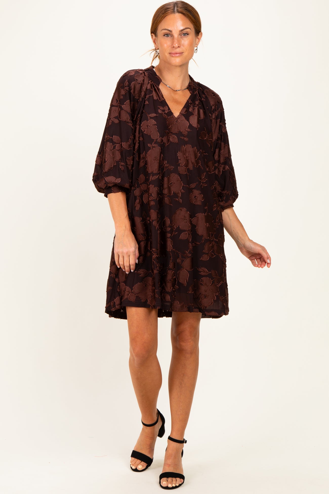 Brown Floral Velvet Maternity Dress