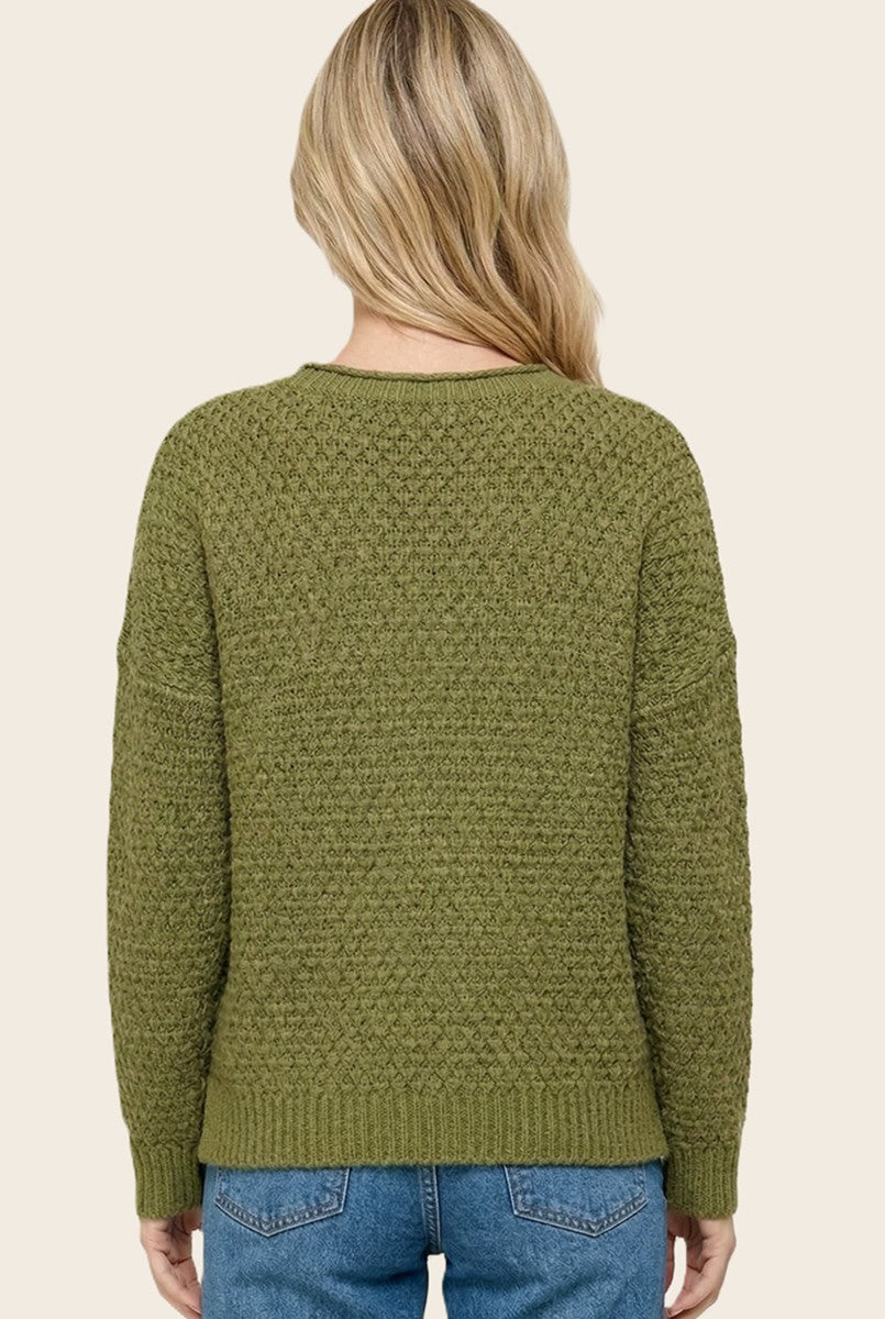 woman wearing an olive green textured knit sweater with a relaxed fit, viewed from the back